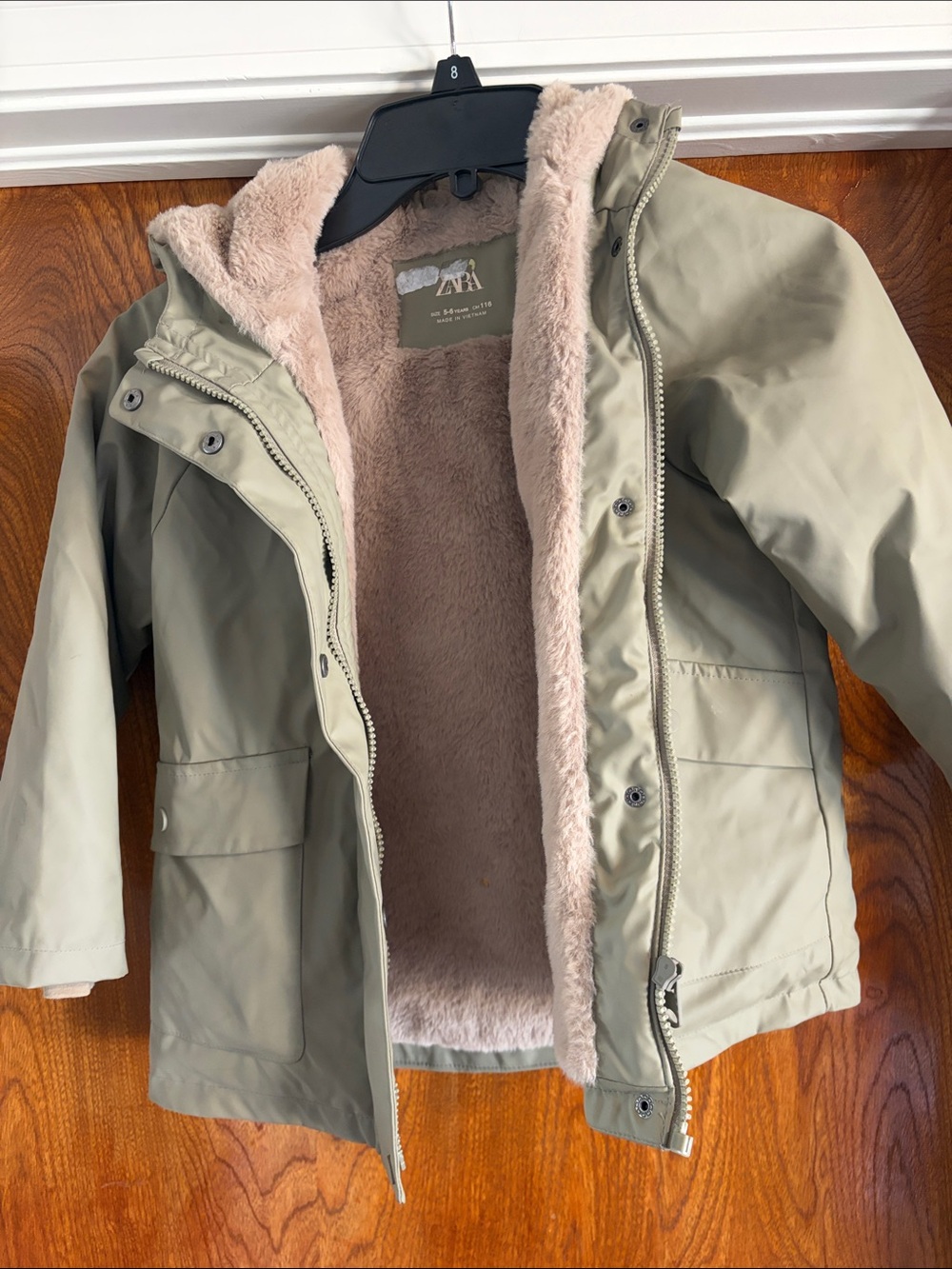ZARA Kids Olive Green Raincoat with Beige Faux-Fur Lining